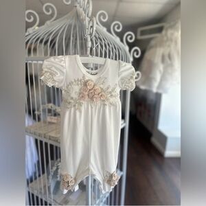 Bebe Gabrielle macis design christening Ivory Pink Rosette Gold Embroidery